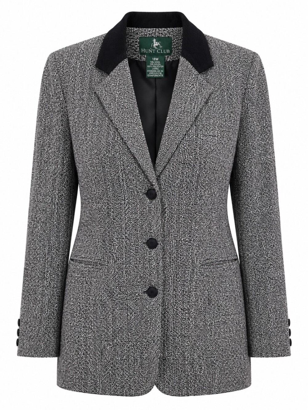 HUNT CLUB | Vintage Equestrian Tweed‎ Black Gray Wool Blend Blazer Jacket | 18W